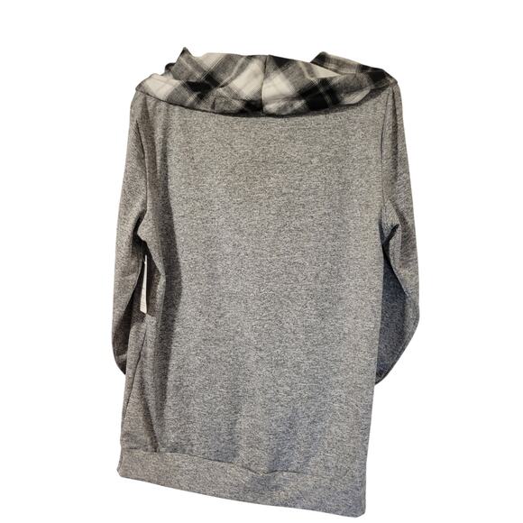 NWT Gray Black White Plaid Accent Cowl Neck Light Weight Top Size L - Picture 2 of 8